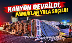 Diyarbakır'da kamyon devrildi, pamuklar yola saçıldı