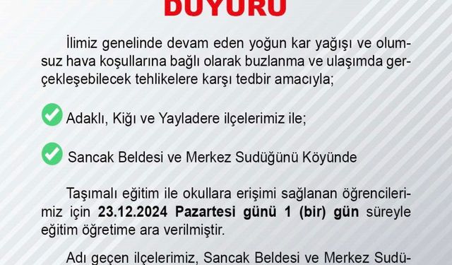 Bingöl’ün İlçesinde Yoğun Kar Yağışı Nedeniyle Eğitime Ara