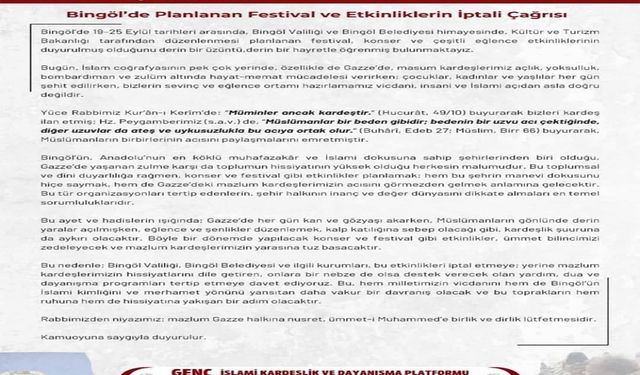 Bingöl İslami Kardeşlik Platformu’ndan konser ve festivallerin iptali çağrısı