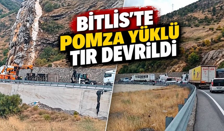 Bitlis’te Pomza Yüklü Tır Devrildi